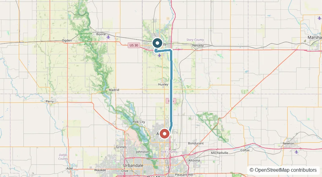 Road map showing the route from Ames to Ankeny, Iowa